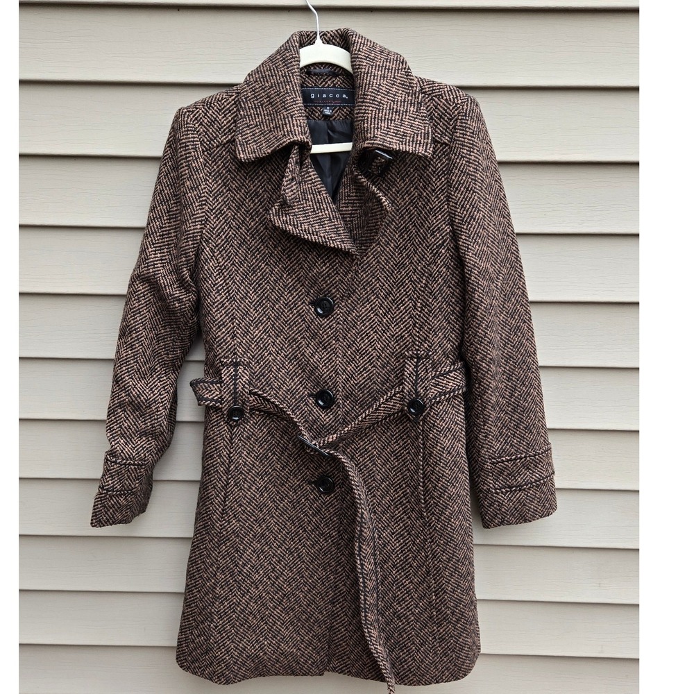 Giacca Gallery Company Brown Herringbone Wool Blend Belted Trench Coat Medium